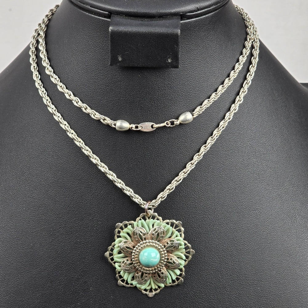 Vintage Silver Tone Faux Turquoise Floral Filigree Statement Chain Necklace 30"